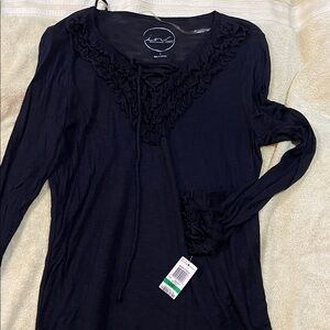 INC International Concepts Black Ruffled Long Sleeve Top